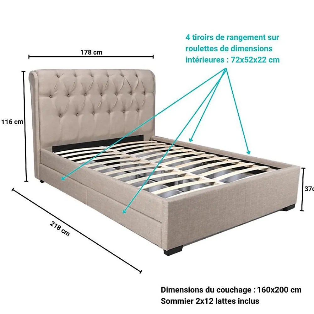 Lit 2 places 160x200cm CHALIN beige avec tête de lit inclus sommier et 4 tiroirs pour rangement>Bb Loisir Outlet