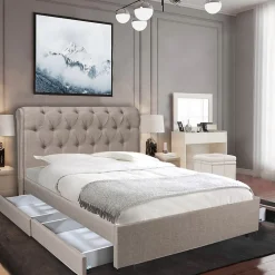 Lit 2 places 140x190cm CHALIN beige avec tête de lit inclus sommier et 4 tiroirs pour rangement>Bb Loisir