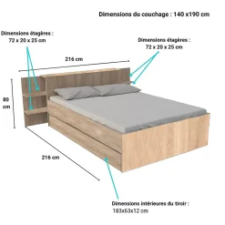 Bb Loisir Lit 2 places 140x190cm Chêne CITA inclus sommier et tete de lit chevet et tiroir* Lit Double