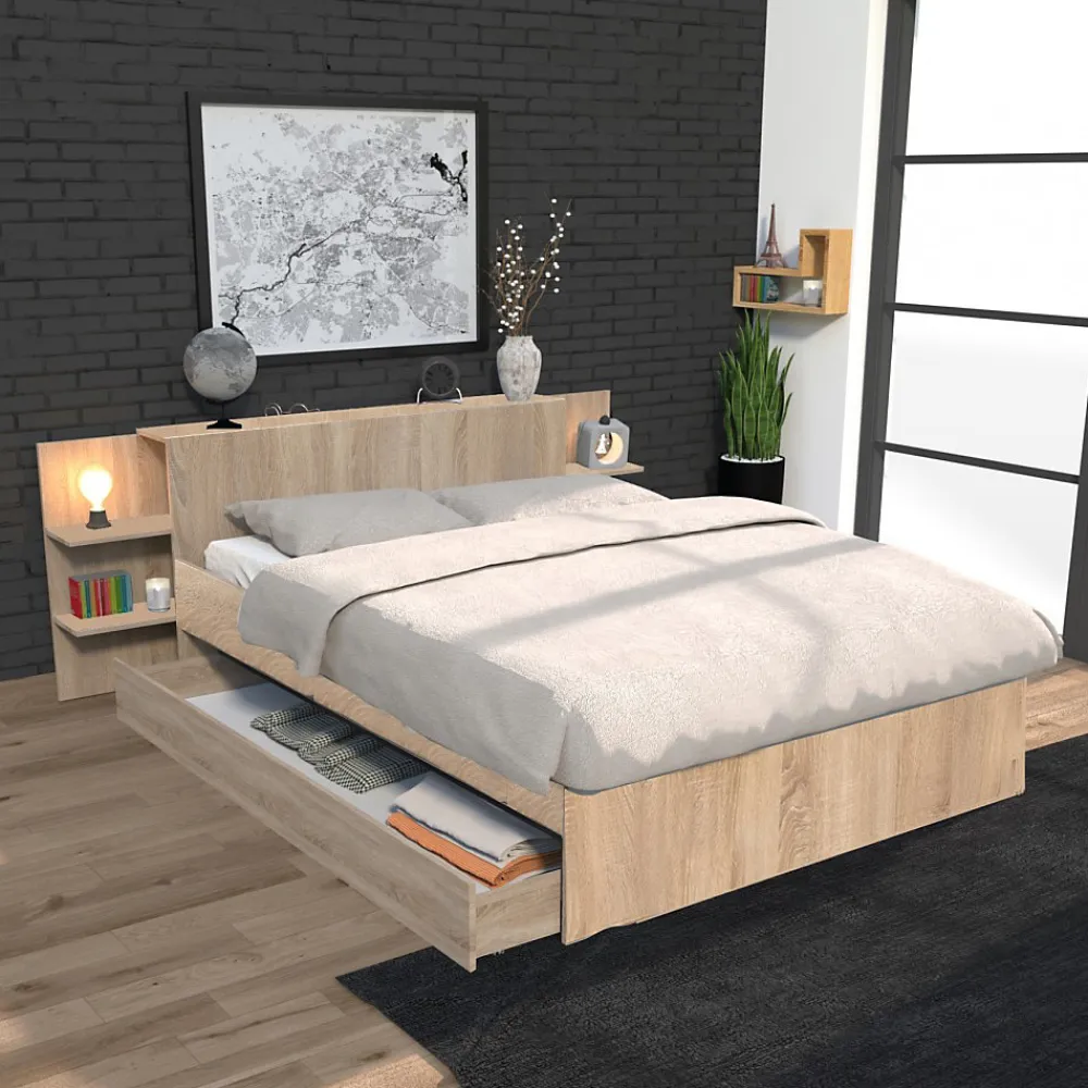 Bb Loisir Lit 2 places 140x190cm Chêne CITA inclus sommier et tete de lit chevet et tiroir* Lit Double