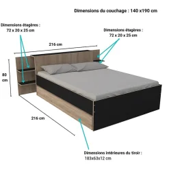 Lit 2 places 140x190cm Chêne et noir CITA inclus sommier et tete de lit chevet et tiroir><noscript><img width=