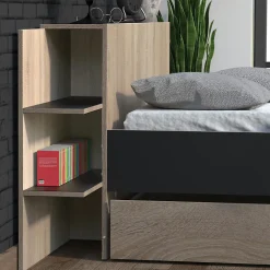 Lit 2 places 140x190cm Chêne et noir CITA inclus sommier et tete de lit chevet et tiroir><noscript><img width=