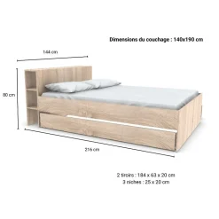 Bb Loisir Lit 2 places 140x190cm chêne ROGO inclus sommier et tete de lit avec étageres et 2 tiroirs* Lit Double