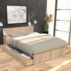 Bb Loisir Lit 2 places 140x190cm chêne ROGO inclus sommier et tete de lit avec étageres et 2 tiroirs* Lit Double
