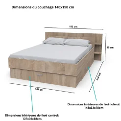Lit 2 places 140x190cm Chêne SAND inclus sommier et tete de lit et 2 tiroirs><noscript><img width=