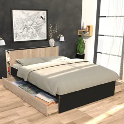 Lit 2 places 160x200cm Noir et chêne ROGO inclus sommier et tete de lit avec étageres et 2 tiroirs>Bb Loisir Sale