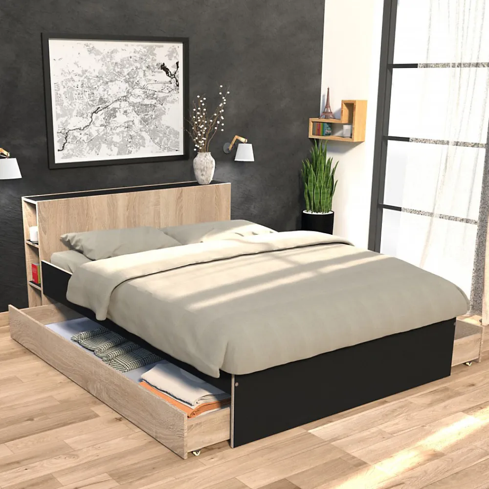 Lit 2 places 160x200cm Noir et chêne ROGO inclus sommier et tete de lit avec étageres et 2 tiroirs>Bb Loisir Sale