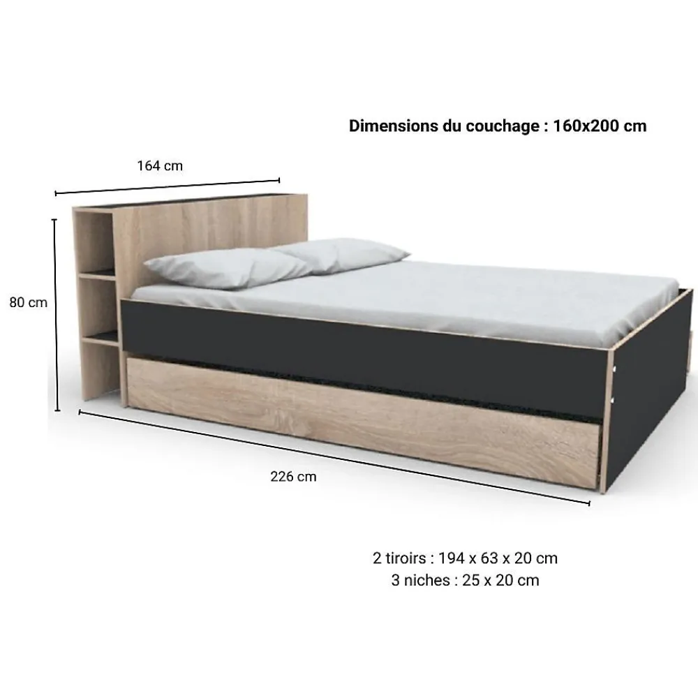 Lit 2 places 160x200cm Noir et chêne ROGO inclus sommier et tete de lit avec étageres et 2 tiroirs>Bb Loisir Sale