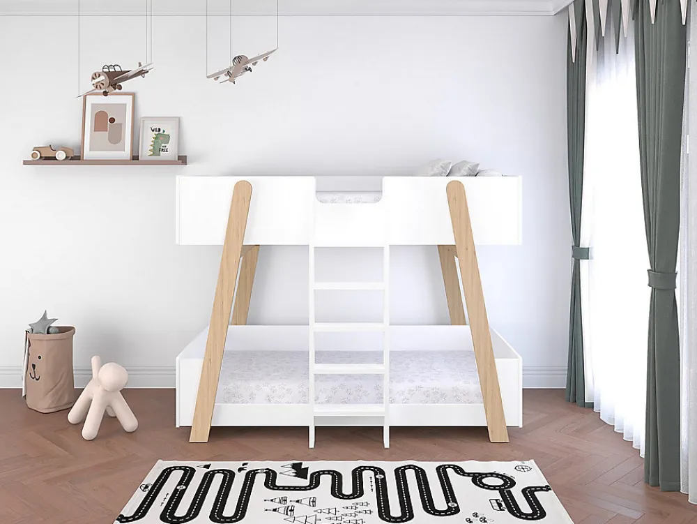 Lit superposés 90 x 190 cm - Blanc et naturel - CORODELA>Vente-unique Discount