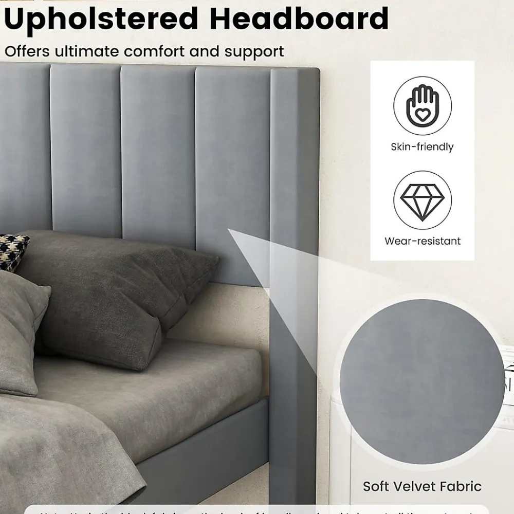 Lit 140 x 200 avec Sommier sans Matelas, Lit Capitonné avec Tete 140CM en Tissu Velours Doux, Lattes Bois, Charge 250KG (7 Bandes)>Giantex New