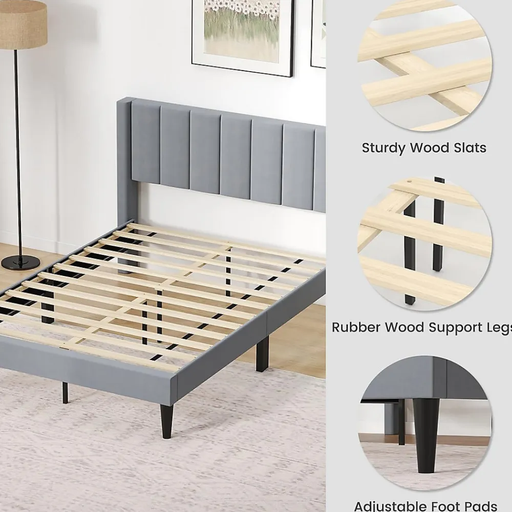Lit 140 x 200 avec Sommier sans Matelas, Lit Capitonné avec Tete 140CM en Tissu Velours Doux, Lattes Bois, Charge 250KG (7 Bandes)>Giantex New
