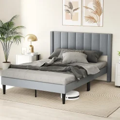 Lit 140 x 200 avec Sommier sans Matelas, Lit Capitonné avec Tete 140CM en Tissu Velours Doux, Lattes Bois, Charge 250KG (7 Bandes)><noscript><img width=