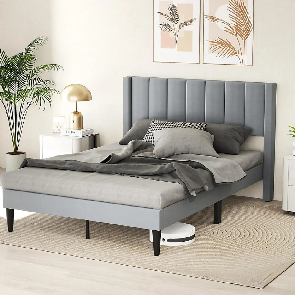 Lit 140 x 200 avec Sommier sans Matelas, Lit Capitonné avec Tete 140CM en Tissu Velours Doux, Lattes Bois, Charge 250KG (7 Bandes)>Giantex New