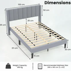 Lit 140 x 200 avec Sommier sans Matelas, Lit Capitonné avec Tete 140CM en Tissu Velours Doux, Lattes Bois, Charge 250KG (7 Bandes)><noscript><img width=
