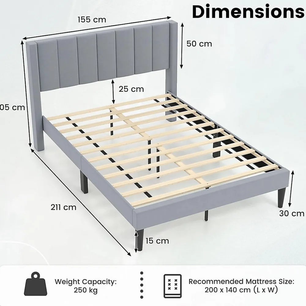 Lit 140 x 200 avec Sommier sans Matelas, Lit Capitonné avec Tete 140CM en Tissu Velours Doux, Lattes Bois, Charge 250KG (7 Bandes)>Giantex New