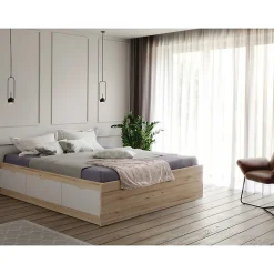 Meubletmoi Lit 160 x 200 cm 3 tiroirs décor chêne naturel et blanc mat - ALBANE* Lit Double