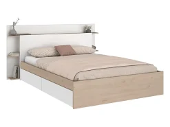 Vente-unique Lit 140 x 190/200 cm avec 4 tiroirs - Coloris : Naturel et blanc + Sommier + Matelas - TILONIDE* Lit Avec Rangement