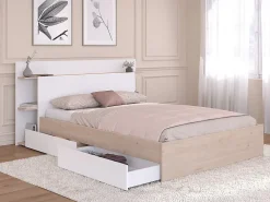 Vente-unique Lit 140 x 190/200 cm avec 4 tiroirs - Coloris : Naturel et blanc + Sommier + Matelas - TILONIDE* Lit Avec Rangement