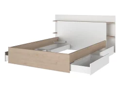 Vente-unique Lit 140 x 190/200 cm avec 4 tiroirs - Coloris : Naturel et blanc + Sommier - TILONIDE* Lit Avec Rangement
