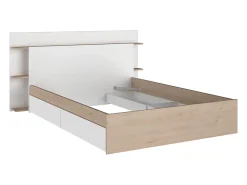 Vente-unique Lit 140 x 190/200 cm avec 4 tiroirs - Coloris : Naturel et blanc + Sommier - TILONIDE* Lit Avec Rangement