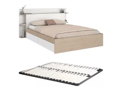 Vente-unique Lit 140 x 190/200 cm avec 4 tiroirs - Coloris : Naturel et blanc + Sommier - TILONIDE* Lit Avec Rangement