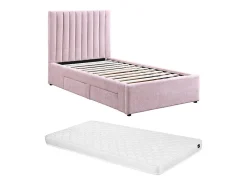 Lit 90 x 190 cm avec 2 tiroirs - Tissu - Rose + Matelas - SARAH><noscript><img width=