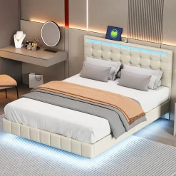 Lit 140 X 200 Cm Avec Éclairage LED Et Tête De Lit Réglable, Sommier à Lattes, Tissu En Lin, Beige>Simple Life Online