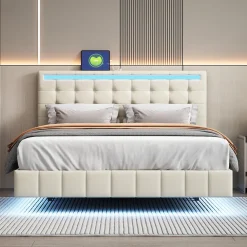 Lit 140 X 200 Cm Avec Éclairage LED Et Tête De Lit Réglable, Sommier à Lattes, Tissu En Lin, Beige>Simple Life Online