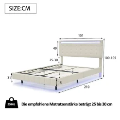 Lit 140 X 200 Cm Avec Éclairage LED Et Tête De Lit Réglable, Sommier à Lattes, Tissu En Lin, Beige><noscript><img width=