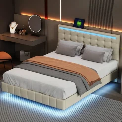 Lit 140 X 200 Cm Avec Éclairage LED Et Tête De Lit Réglable, Sommier à Lattes, Tissu En Lin, Beige><noscript><img width=