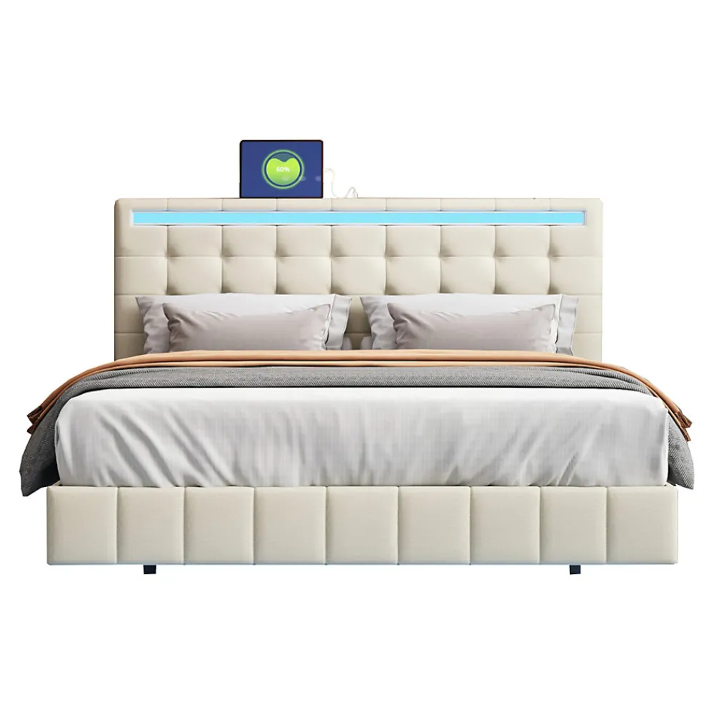 Lit 160 X 200 Cm Avec Éclairage LED Et Tête De Lit Réglable, Sommier à Lattes, Tissu En Lin, Beige>Fortuna lai Clearance