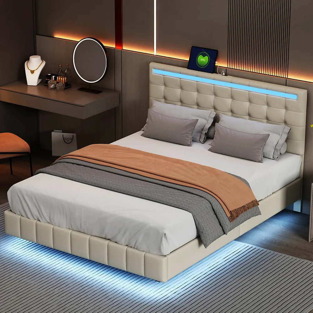 Lit 160 X 200 Cm Avec Éclairage LED Et Tête De Lit Réglable, Sommier à Lattes, Tissu En Lin, Beige>Fortuna lai Clearance
