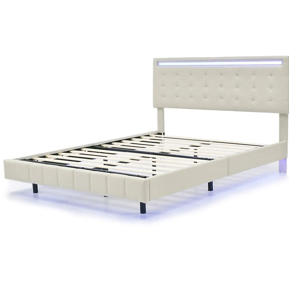 Lit 160 X 200 Cm Avec Éclairage LED Et Tête De Lit Réglable, Sommier à Lattes, Tissu En Lin, Beige>Fortuna lai Clearance
