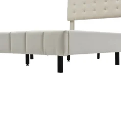 Lit 160 X 200 Cm Avec Éclairage LED Et Tête De Lit Réglable, Sommier à Lattes, Tissu En Lin, Beige><noscript><img width=
