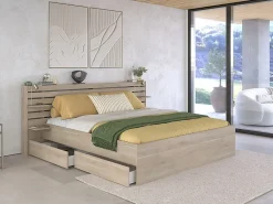 Lit 180 x 200 cm avec rangements - Coloris : Naturel + Sommier + Matelas - TENALIA>Vente-unique
