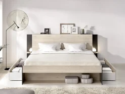 Vente-unique Lit 140 x 190 cm avec rangements - Coloris : Naturel et noir + Sommier + Matelas - KEROSIA* Lit Avec Rangement