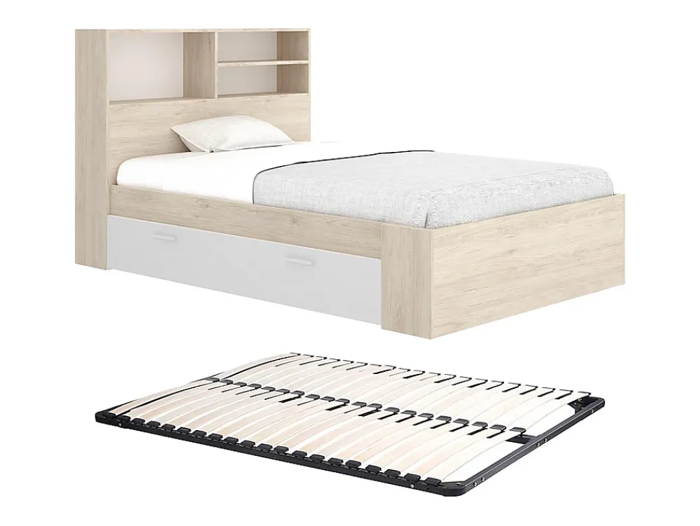 Vente-unique Lit 120 x 190 cm avec rangements - Coloris : Naturel et blanc + Sommier - VARDIEL* Lit Avec Rangement