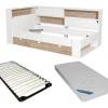 Lit 90 x 190 cm avec rangements - Coloris : Blanc et naturel + Sommier + Matelas - TAMADU>Vente-unique