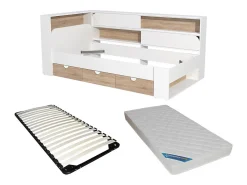Lit 90 x 190 cm avec rangements - Coloris : Blanc et naturel + Sommier + Matelas - TAMADU>Vente-unique
