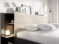 Vente-unique Lit 140 x 190 cm avec rangements - Coloris : Naturel et noir + Sommier - KEROSIA* Lit Avec Rangement