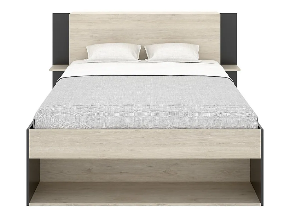 Vente-unique Lit 140 x 190 cm avec rangements - Coloris : Naturel et noir + Sommier - KEROSIA* Lit Avec Rangement