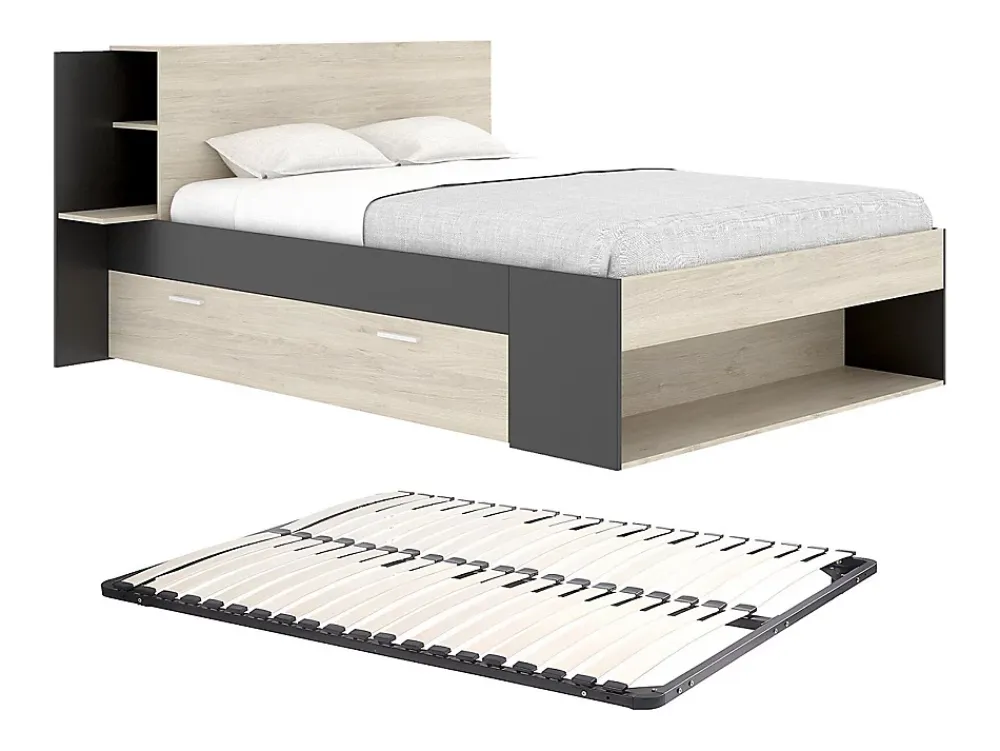 Vente-unique Lit 140 x 190 cm avec rangements - Coloris : Naturel et noir + Sommier - KEROSIA* Lit Avec Rangement