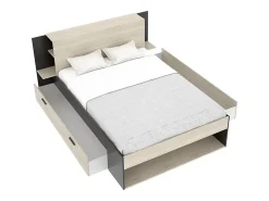 Vente-unique Lit 140 x 190 cm avec rangements - Coloris : Naturel et noir + Sommier - KEROSIA* Lit Avec Rangement