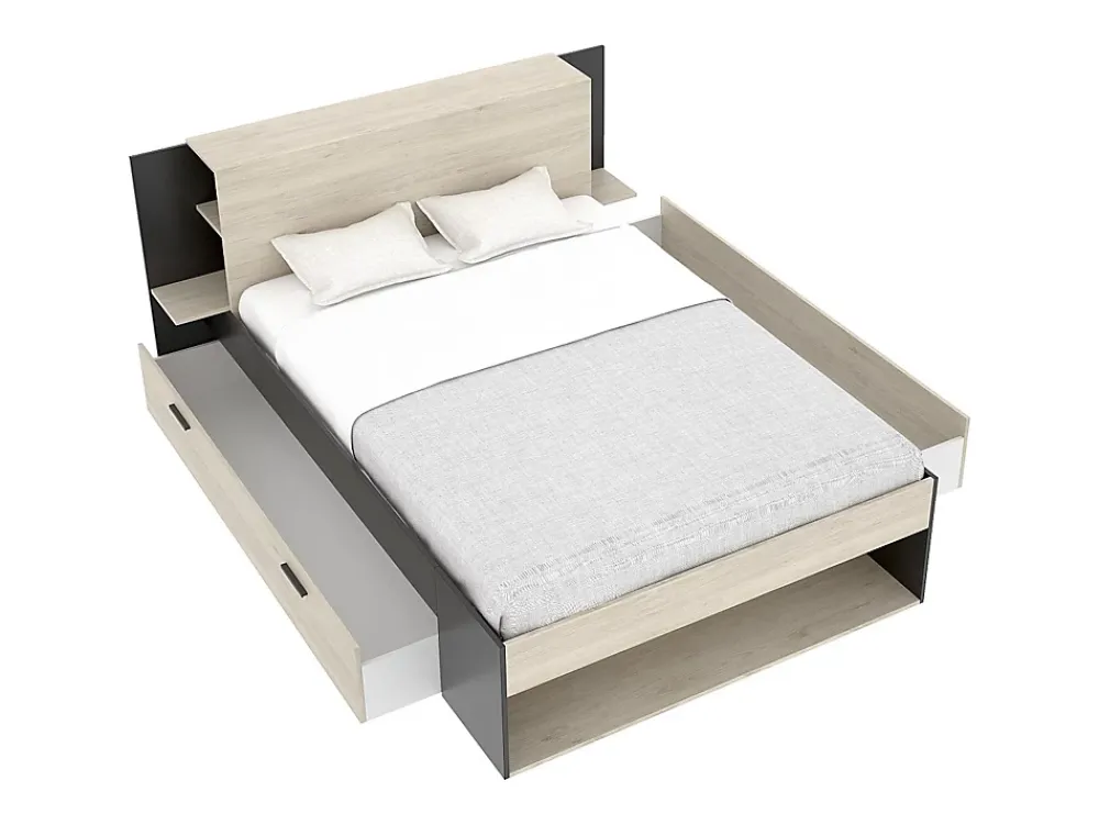 Vente-unique Lit 140 x 190 cm avec rangements - Coloris : Naturel et noir + Sommier - KEROSIA* Lit Avec Rangement