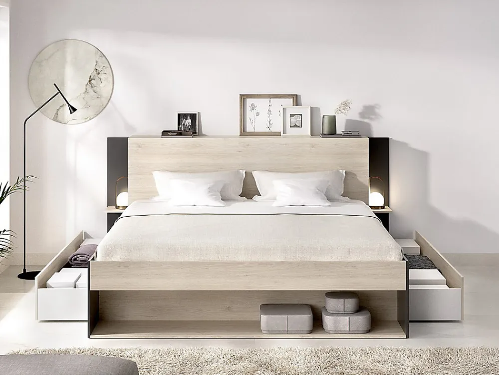 Vente-unique Lit 140 x 190 cm avec rangements - Coloris : Naturel et noir + Sommier - KEROSIA* Lit Avec Rangement