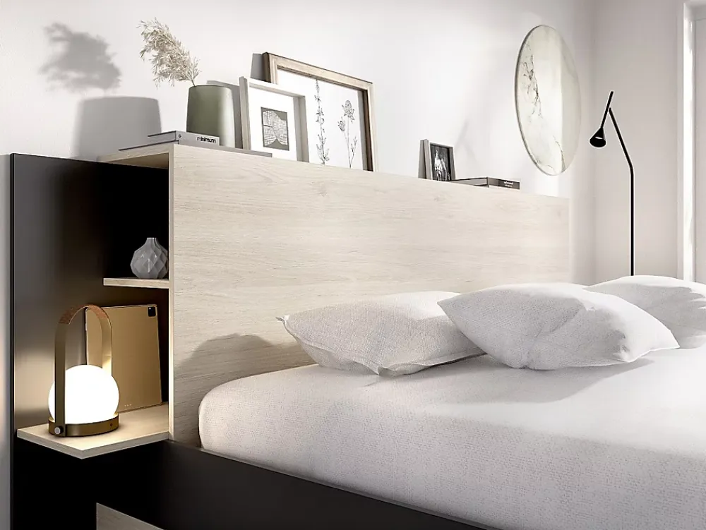 Vente-unique Lit 140 x 190 cm avec rangements - Coloris : Naturel et noir - KEROSIA* Lit Avec Rangement