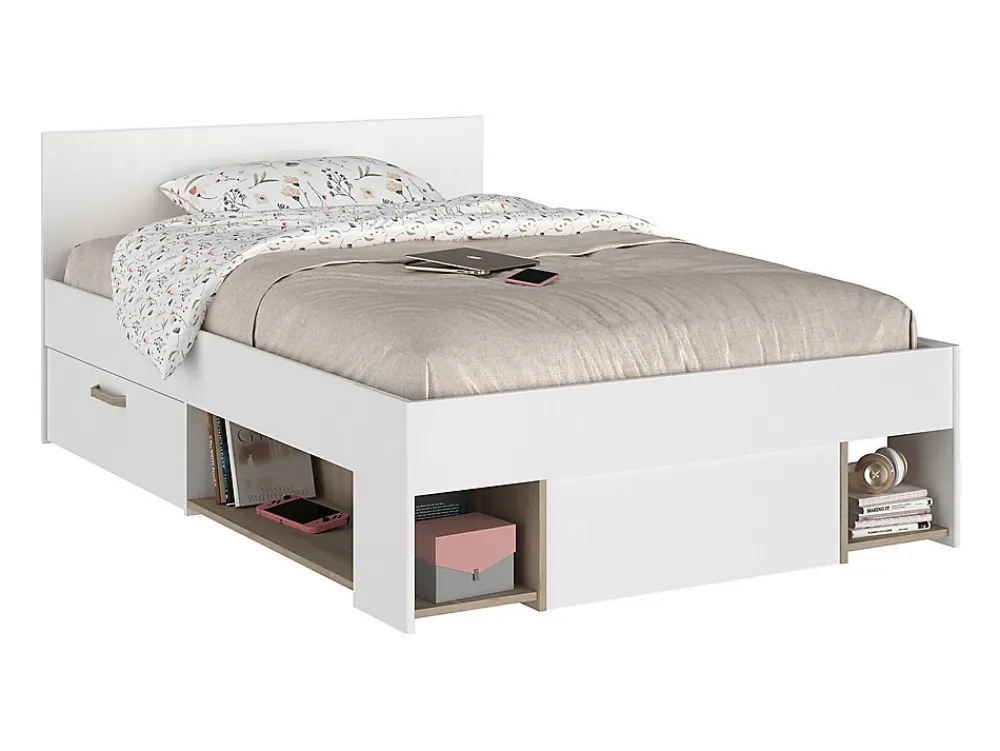 Lit 120 x 190/200 cm avec rangements - Blanc et naturel - KINSELIA>Vente-unique Clearance
