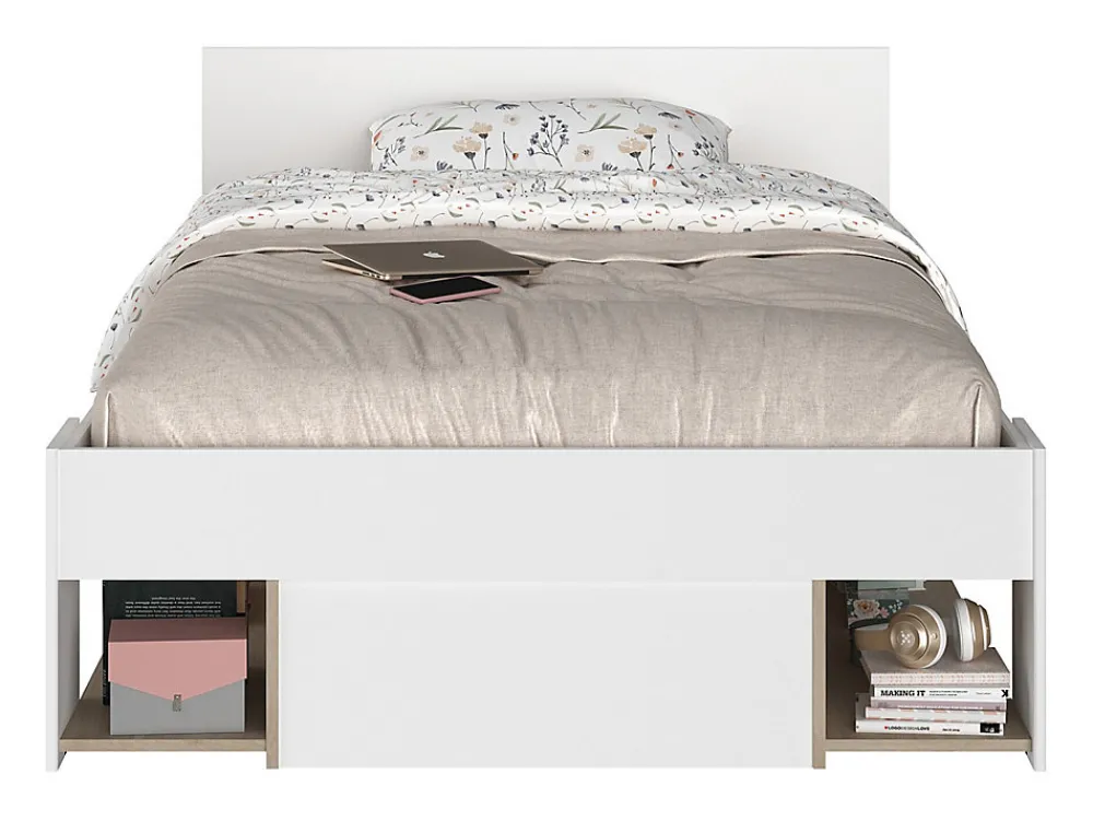 Lit 120 x 190/200 cm avec rangements - Blanc et naturel - KINSELIA>Vente-unique Clearance