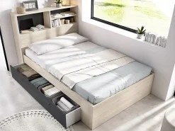 Lit 120 x 190 cm avec rangements - Coloris : Naturel et anthracite - VARDIEL>Vente-unique Outlet