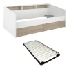 Lit 90 x 190/200 cm avec rangements - Blanc et naturel + Sommier - PAULETTE>Vente-unique Best